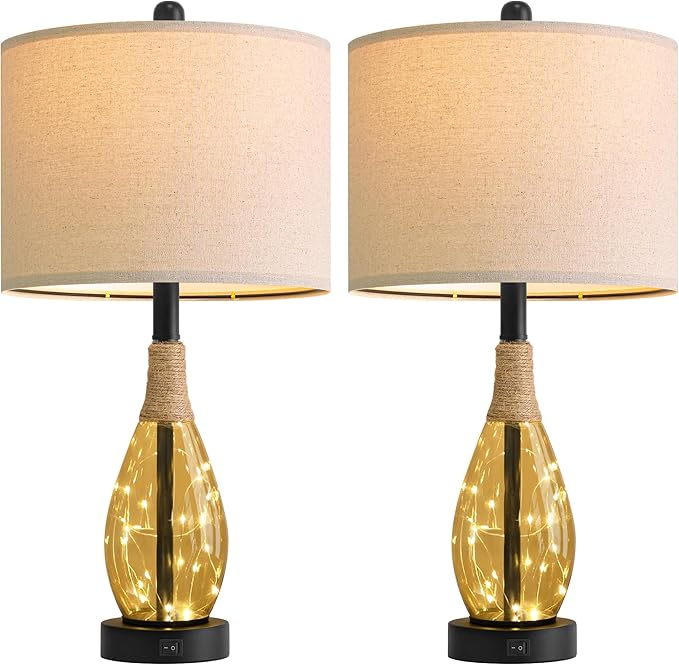 OYEARS 23" Table Lamps for Living Room Set of 2 Bedside Lamps for Night Stands Bedroom Lamps Farmhouse Rattan Boho Lamp Glass Nightlight End Table Lamp,Two Light Points