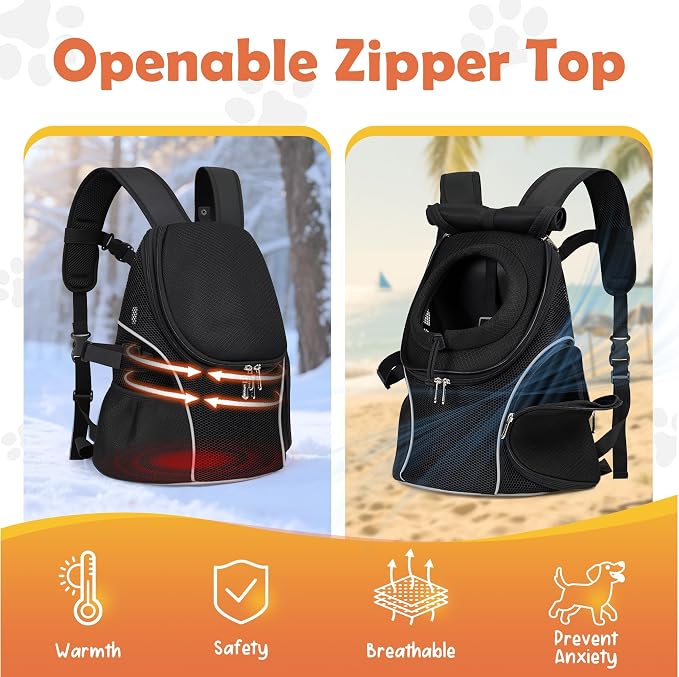 WOYYHO Pet Dog Carrier Backpack with Windows, Ventilated Small Dog Backpack | Breathable Top & Side Windows, Safety Belt, Storage Pockets, Small Dog Front Backpack, for Travel Hiking Outdoor, Black2.0, M