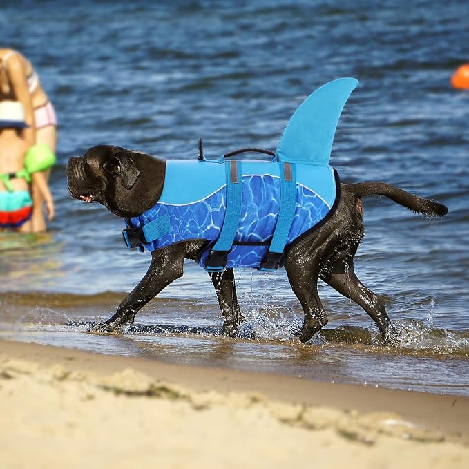 Shark Dog Life Jacket for Swimming, High Buoyant Adjustable Vest for Dogs (Blue, L)