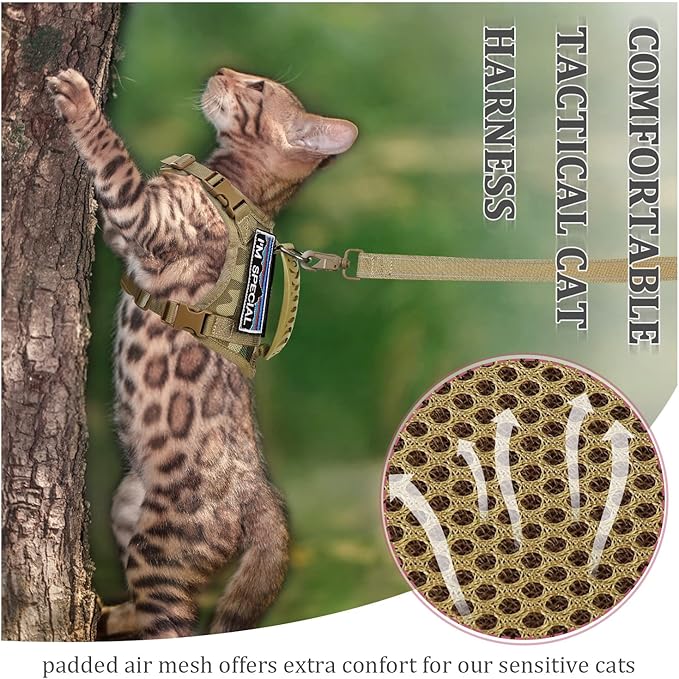 Tactical Cat Harness and Leash for Walking Esacpe Proof,Adjustable Soft Mesh Large Cat Vest with Rubber Handle Easy to Control,Molle Patches