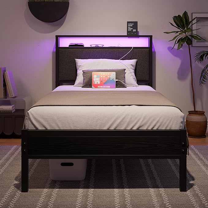 Twin Bed Frame with Charging Station and LED Lights,Upholstered Headboard with Storage Shelves,Heavy Duty Metal Slats, No Box Spring Needed,Noise Free, Easy Assembly,Black and Dark Grey