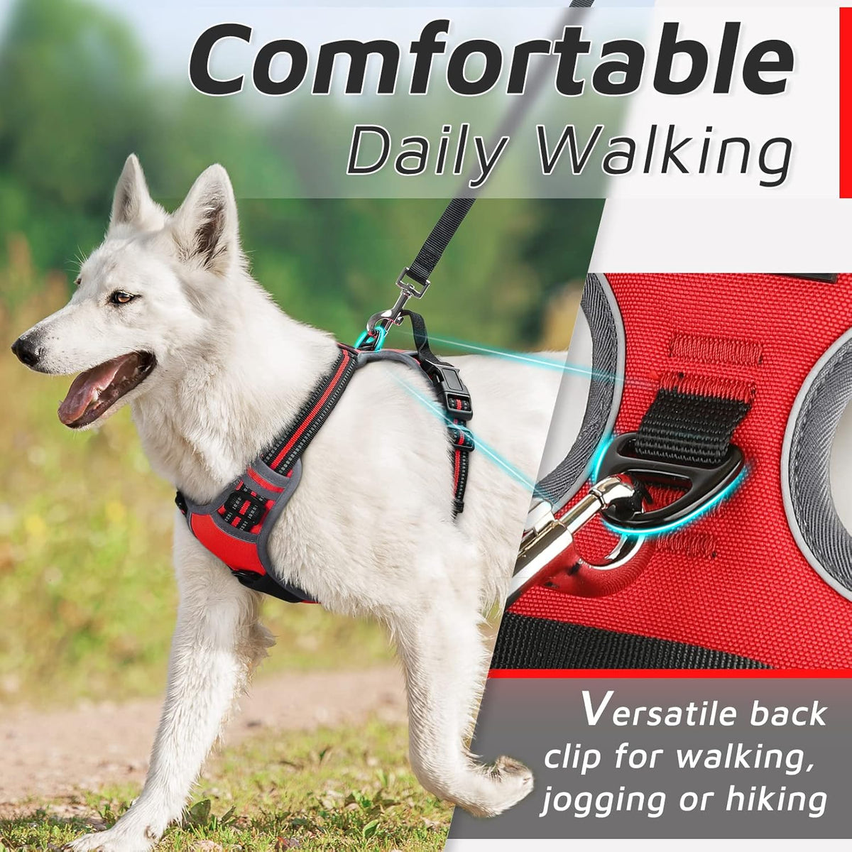 Eagloo Dog Harness Medium Sized Dog, No Pull Service Vest with Reflective Strips and Control Handle, Adjustable and Comfortable for Easy Walking, No Choke Pet Harness with 2 Metal Rings, Red, M