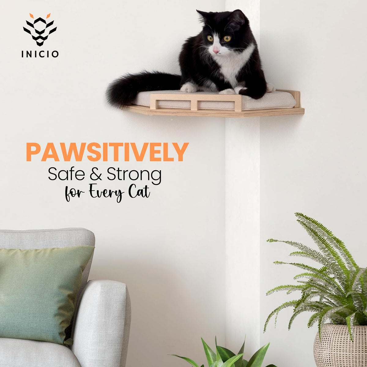 INICIO Cat Wall Shelves - Modern and Durable 3 Step Cat Furniture for Wall - Stylish Birch Floating Shelf for Cats up to 15lbs - Wooden Corner Shelves with Cushioned Perch - Natural Wood