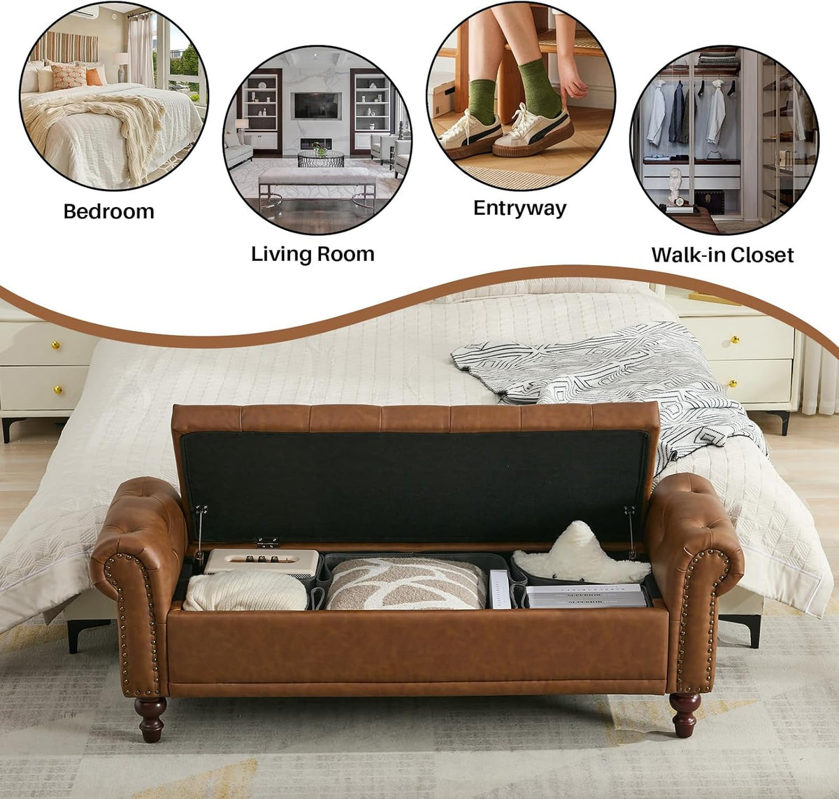 58.1'' Storage Bench Upholstered PU Leather End of Bedroom Bed Bench Ottoman with Tufted Cushioned Rolled Arm Large Storage Space for Reading Living Room Entryway, Brown