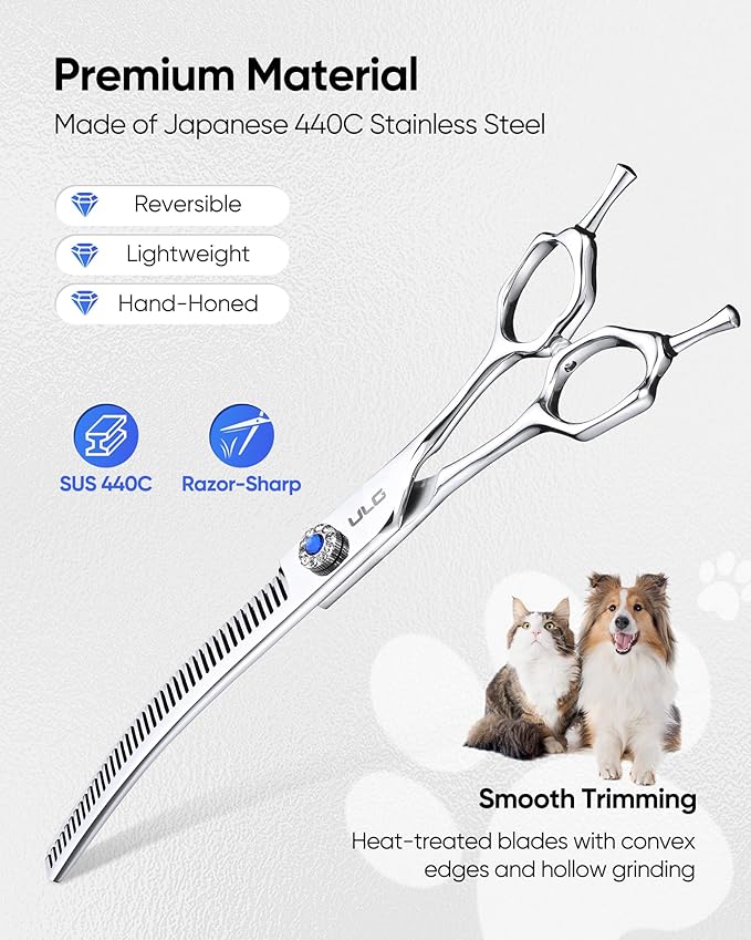 ULG Dog Grooming Scissors 40-Tooth 7.5” Curved Thinning Scissors Seamless 15%-20% Thinning Rate 440C Japanese Stainless Steel Tension Adjustable Left & Right Handed Pet Grooming Shears