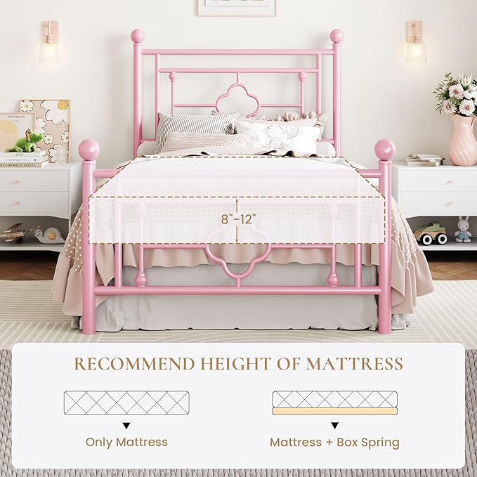 SHA CERLIN 14 Inches Twin Size Metal Platform Bed Frame/Vintage Iron-Art Headboard and Footboard/Mattress Foundation for Storage/No Box Spring Needed/Noise-Free/Easy Assembly/Pink