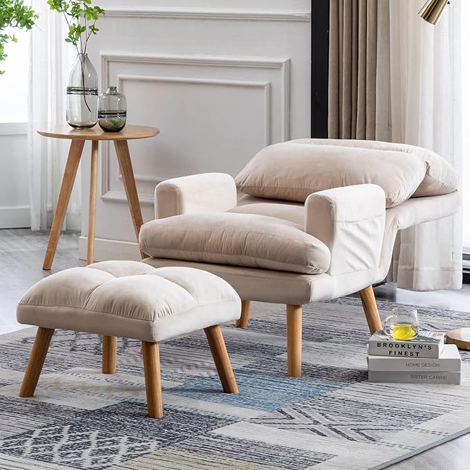 CANMOV Modern Accent Chair with Ottoman Set of 2, Soft Fabric Armchair with Adjustable Backrest and Side Pockets, Comfy Lounge Chair for Living Room, Bedroom, Apartment, Office, Beige