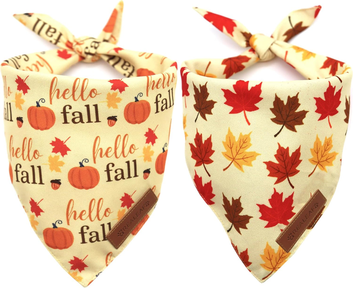 Realeaf Fall Dog Bandanas 2 Pack, Orange Pumpkin and Leaf Print Pet Scarf for Boy and Girl, Premium Durable Fabric, Holiday Bandana for Large and X-Large Dogs (X-Large)
