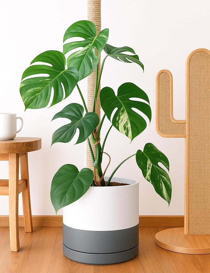 D'vine Dev 14 Inch Ceramic Planter Pot with Drainage Hole and Saucer, Indoor Cylinder Round Planter Pot, White/Speckled Grey, 94-O-G-6