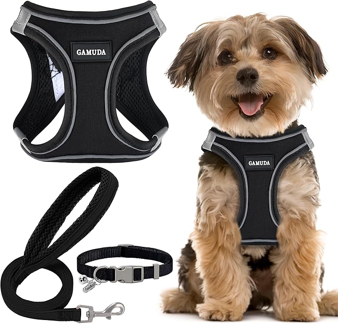GAMUDA Small Dog Harness Collar and Leash Set, Step in No Chock No Pull Linen Fabric Soft Mesh Dog Vest Harnesses Reflective for Dogs Puppy Cats Kitten Rabbit (Black, M)