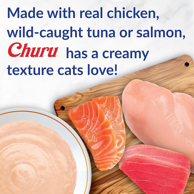INABA Churu Cat Treats, Lickable, Squeezable Creamy Purée Cat Treat with Green Tea Extract & Taurine, 0.5 Ounces Each Tube, 50 Tubes, Chicken & Seafood Variety