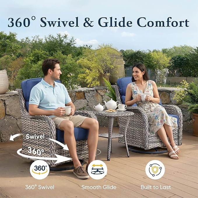 Belord Luxury 6" Thick Cushioned 10 Pieces Patio Furniture Set with Fire Pit Table, Wicker Outdoor Conversation Set with High Back Swivel Rocker Chairs for Deck Porch Yard and Poolside - Grey+Blue