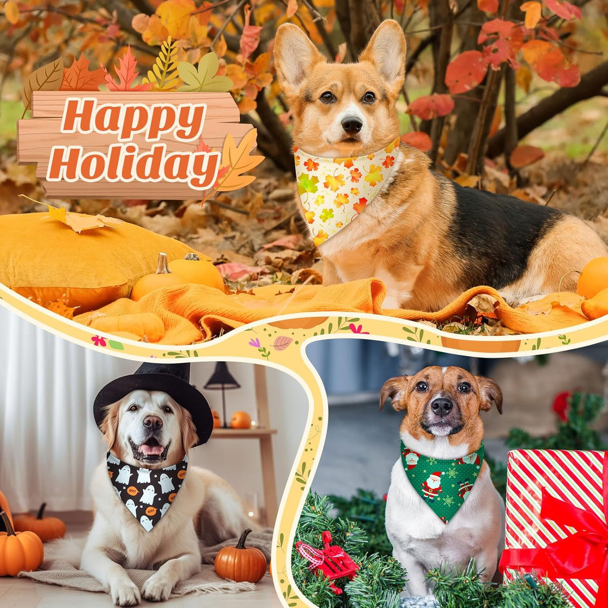 Weewooday 50 Pcs Holiday Dog Bandanas Bulk Dog Bandanas for Fall Autumn Halloween Christmas Soft Bibs Adjustable Triangle Bandana for Small Medium Large Costume (25.6 x 17.7 x 17.7 Inch)