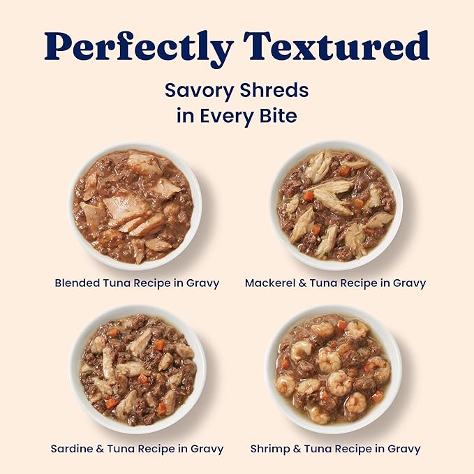 Solid Gold Wet Cat Food Variety Pack Shreds in Gravy - Healthy Canned Cat Food Made w/Real Tuna & Fish Protein & Vitamins - Grain Free & Gluten Free Canned Meals for Cats & Kittens - 12ct/3oz Can