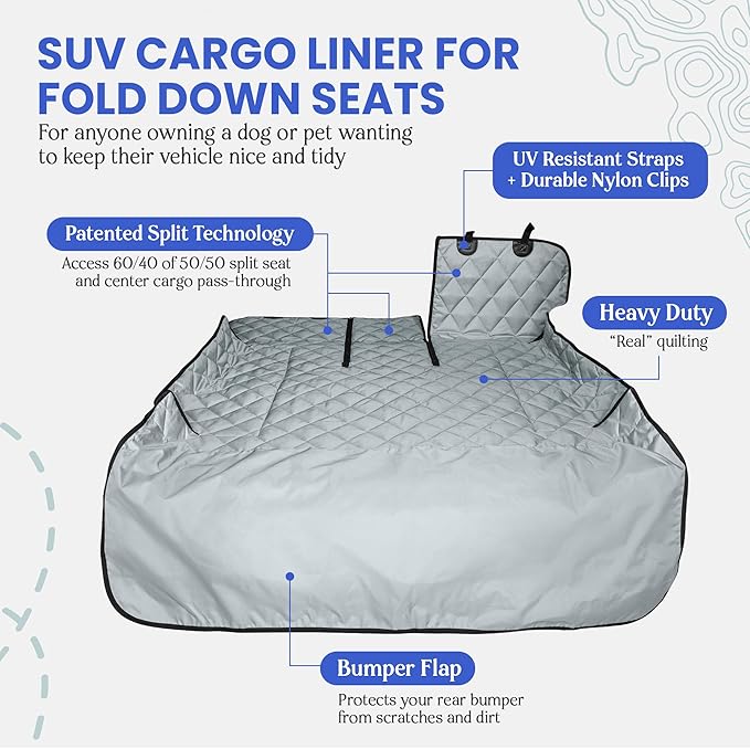 4Knines Split Cargo Liner for SUV – for Dogs & Pets, Heavy-Duty, Waterproof Trunk Mat & Cargo Cover – Fits 60/40 Split Bench & Armrest Pass-Through – Machine Washable, Non-Slip, Durable (Large, Grey)