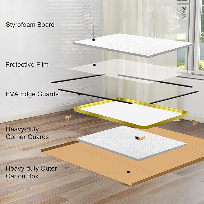 CIRCUMI Gold Bathroom Mirror, Rounded Corner, Tempered Glass, Large Mirror