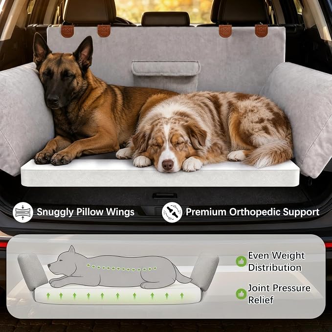 SUV Cargo Liner for Dog, Orthopedic SUV Dog Bed for Truck, Medium | Waterproof-coated 2-inch foam 6-inch side bolsters, bumper flap, storage pocket, non-slip backing for SUVs,25 x 30 in