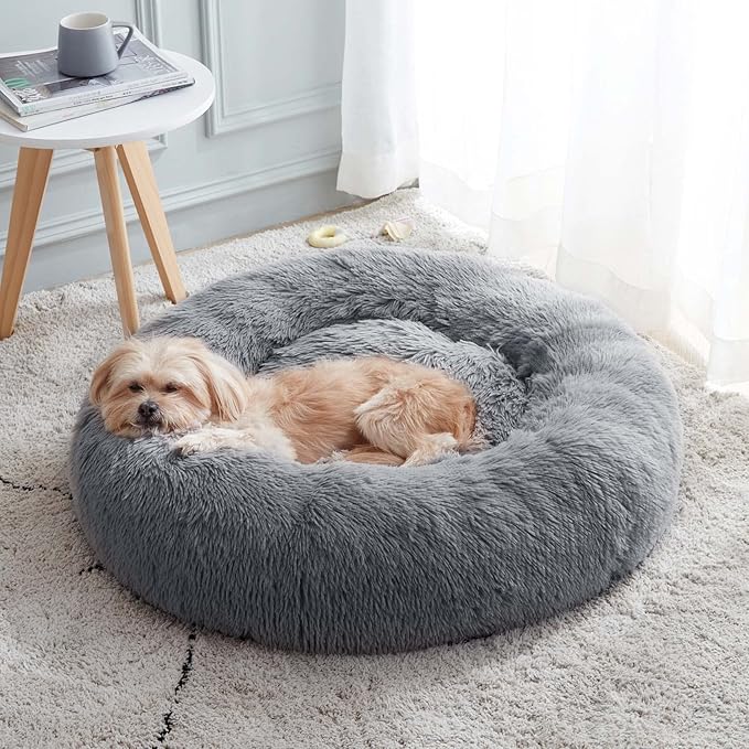 Western Home Calming Donut Small Dog Cat Bed Washable Puppy Bed,24" | Fluffy Faux Fur Round Cuddler,Anti-Anxiety,Anti-Slip Bottom,Pet Beds for Puppy&Small Dogs&Large Cat,Up to 25 LBS Navy Grey