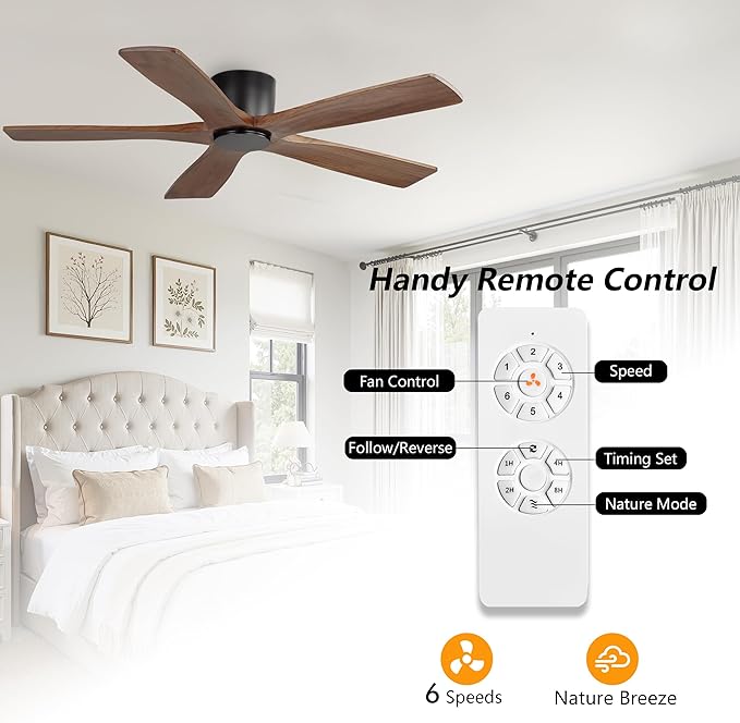 WINGBO 54" Flush Mount DC Ceiling Fans without Lights, 5 Carved Solid Wood