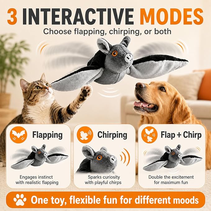 Flying Bat Dog Toy, Flying Bat Toy for Dogs & Cats with Flapping Wings and Chirping Sound, Motion-Activated Interactive Pet Toy for Hanging, Ground and Indoor Chase Play (2PCS)