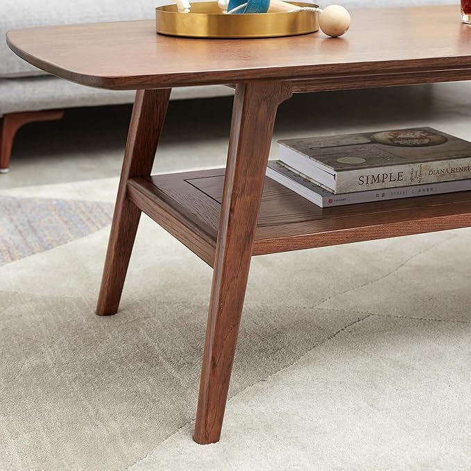 HanStrong 39.37" Center Coffee Table 100% Solid Wood Top Plate Desk Study Desk Work from Home with Storage Shelf,Walnut