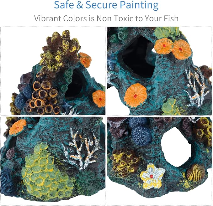Uniclife Aquarium Decorations Resin Coral Rock Mountain Cave Fish Tank Decor Ornaments Fish House for Betta Rest Hide Play Breed