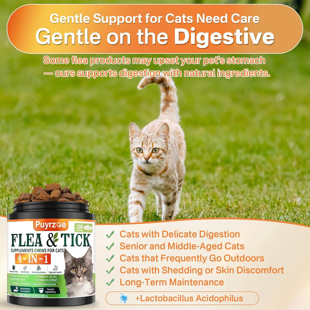 4-in-1 Flea Treatment for Cats Chewable, Natural Cat Flea and Tick Prevention Chewable Supplement for Skin & Coat | Immunity Support | Digestive | Flea & Tick Treatment for All Breeds & Sizes