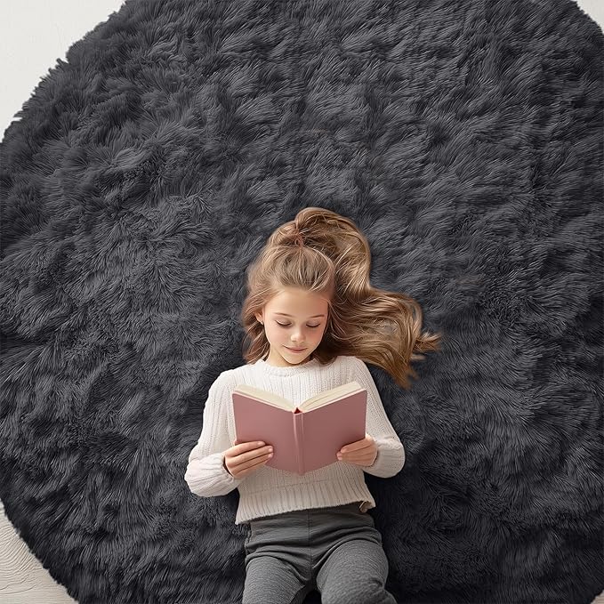 OLANLY Black Round Rugs for Bedroom - Machine Washable, 6 ft Circle Area Rugs for Living Room, Soft and Fluffy Shaggy Carpet for Teen Girls and Boys, Nursery Rooms, Dorms, Home Decor Aesthetic