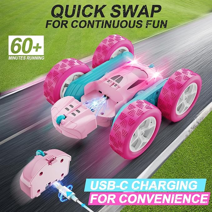 RC Cars, Pink Remote Control Car for Girls, 2.4 GHZ Double Sided RC Stunt Car 360° Rotating Remote Control Crawler with Headlights Car Toys for 6 7 8 9 10 11 12 Girls Birthday Gift