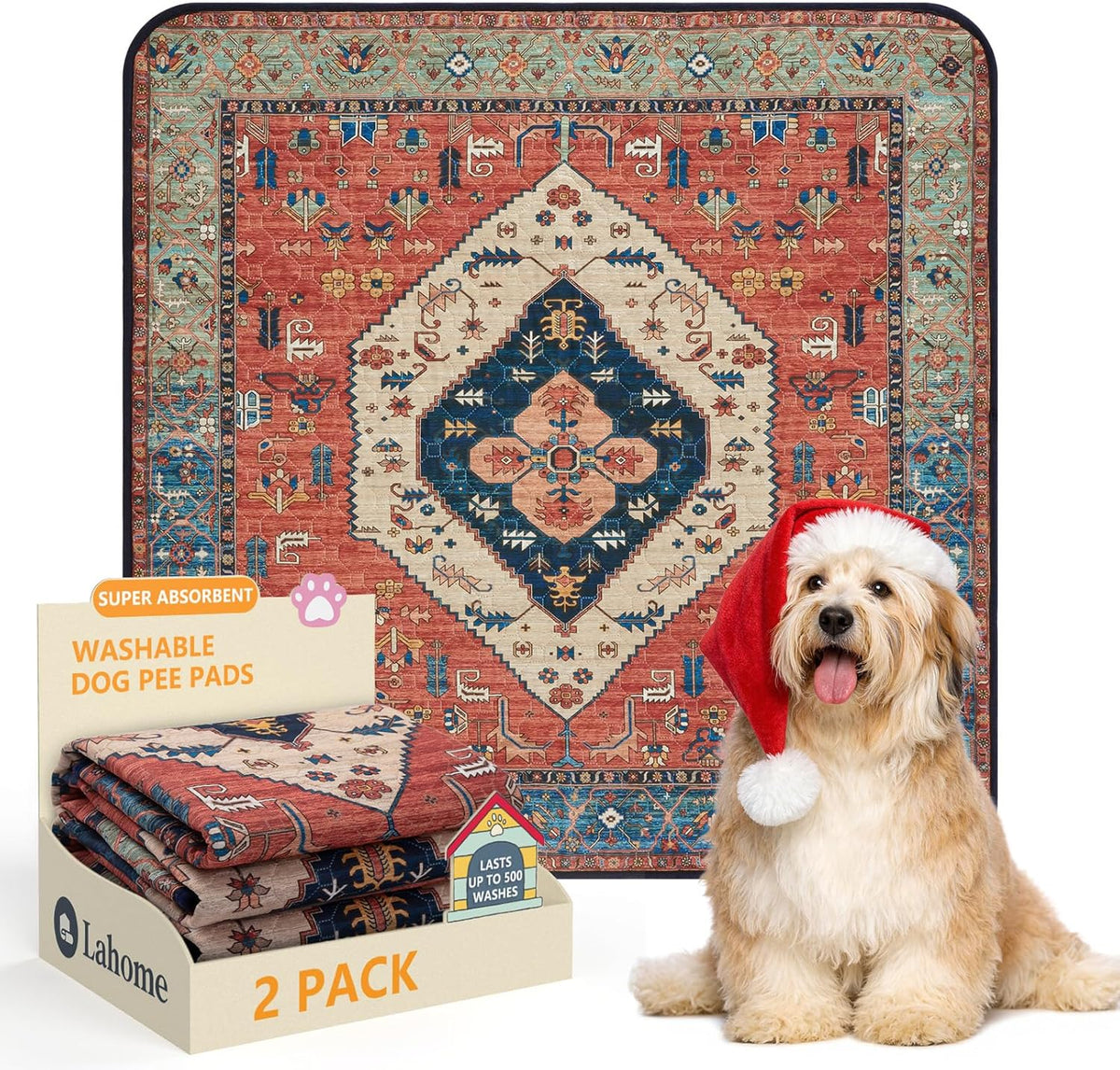 Lahome Super Absorbent Washable Pee Pads for Dogs - Secure Floor Protection - Non-Slip, Leakproof Reusable Pads for Training, Crates & Playpens (2 Pack, 36"x36", Red)