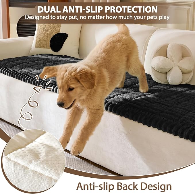 FUANGUI 2 Pack Waterproof Couch Cover for Dogs Pets Sofa Protector | Non-Slip Washable Fuzzy Soft Sofa Slipcover for 2 PCS L Shaped Sofa Pet Friendly, 27.6" x 59.1"+27.6" x 70.9", Black