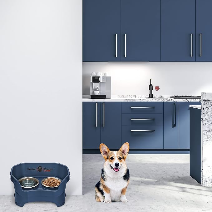 Neater Pet Brands Neater Feeder Deluxe Mess Proof Dog Bowls Elevated for Medium Dogs 19-40 lbs, Made in USA, No Spill Raised Dog Food Bowl Stand Feeding Station, Food and Water Bowl Set, Dark Blue