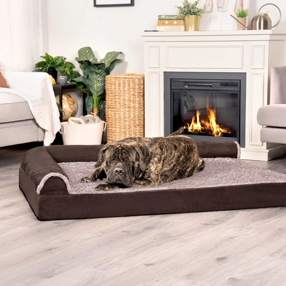 Furhaven Cooling Gel Dog Bed for Large Dogs w/ Removable Bolsters & Washable Cover, For Dogs Up to 125 lbs - Two-Tone Plush Faux Fur & Suede L Shaped Chaise - Espresso, Jumbo Plus/XXL