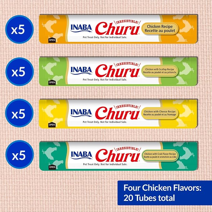 INABA Churu Cat Treats, Lickable, Squeezable Creamy Purée Cat Treat with Green Tea Extract & Taurine, 0.5 Ounces Each Tube, 20 Tubes, Chicken Variety Box
