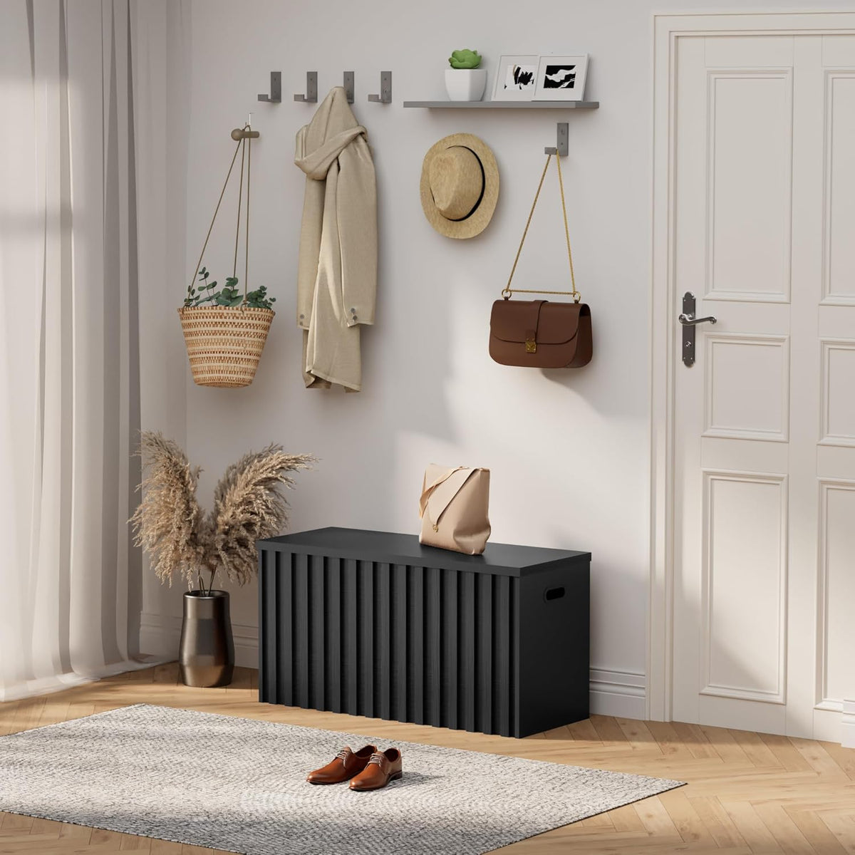 UEV Storage Bench,39.4" Wood Box, Storage Trunk with 2 Safety Hinges, Ottoman Storage Chest, Fluted Storage Bench for Bedroom, Entryway, Living Room(Black)
