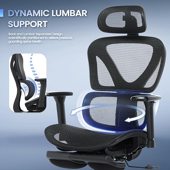 MALOL Ergonomic Office Chair with Footrest, Mesh Home Office Computer Chair with Adjustable Headrest and 3D Arms, Backrest Height, Tilt Lock and Lumbar Support, 300LBS