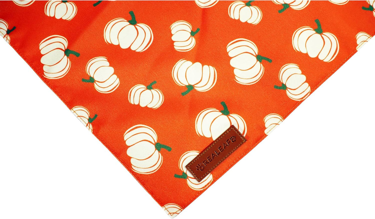 Realeaf Thanksgiving Fall Dog Bandanas 2 Pack, Orange Plaid Pumpkin Pet Scarf for Boy and Girl, Premium Durable Fabric, Holiday Halloween Bandana for Medium and Large Dogs(Fall, Large)