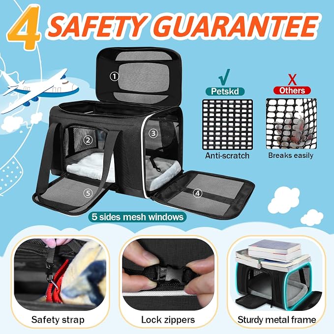 Top-Expandable Small Pet Carrier with Wheels Airline Approved | 17"x12"x8.5", for JetBlue/Frontier/Spirit Airlines, Lockable Safety Zippers and Anti-Scratch Mesh, Pets Under 8 Lbs, Black