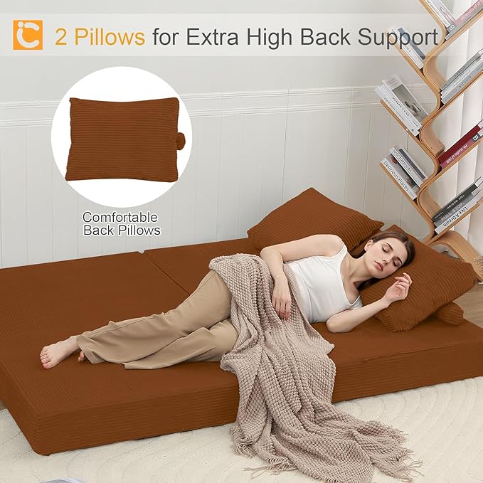 COMAX Convertible Sofa Bed, Folding Floor Couch Corduroy Fold Out Couch Bed Futon Sleeper Mattress with Pillows, Boneless Sofa Comfy Lounge Loveseat for Living Room Bedroom, Orange