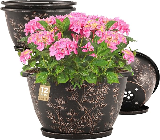 12-inch-Flower-Pots-Outdoor-Indoor, 4 Pack Plastic Planter Pots for Plant with Drainage Hole Saucer, Decorative Resin Garden Container with Tray