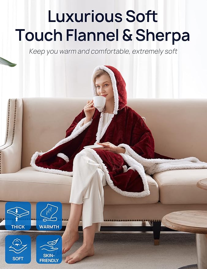 Westinghouse Wearable Heated Throw Blanket, Electric Heated Wrap Poncho Shawl