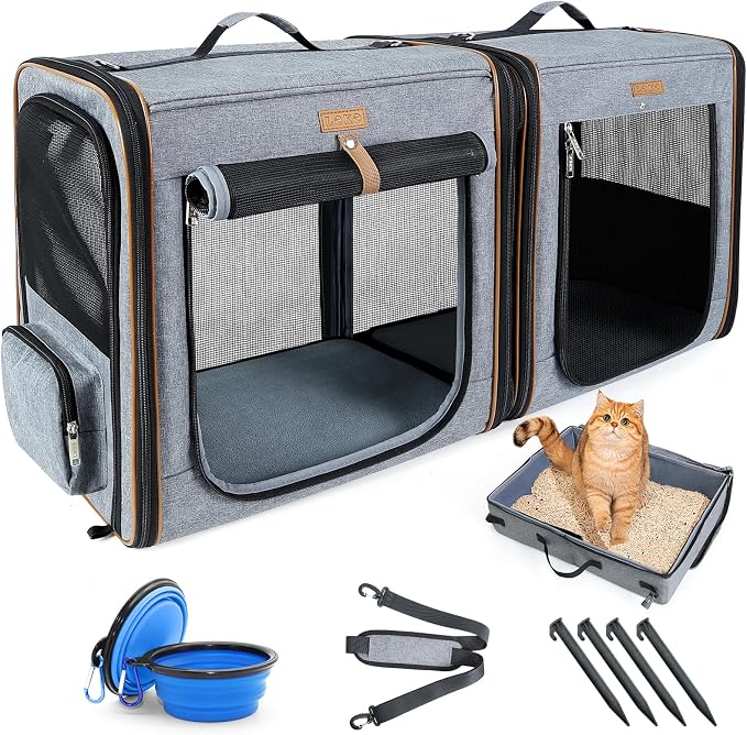 Lekereise Extra Large Cat Carrier for 2 Cats, 2-in-1 Cat Travel Carrier with Litter Box, (20.85" x2) x19.7"x19.7" Pet Carrier with Zipper Locks for Moving Across The Country (No Hammock) - Grey