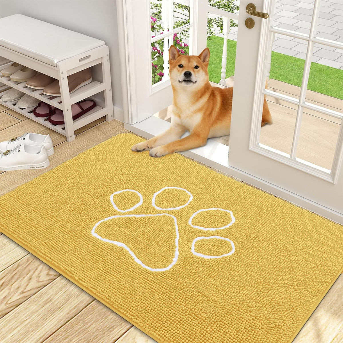 OLANLY Door Mat for Muddy Dog Paws 48x30, Ultra Absorbent Chenille Mud Doormat with Paw Print Design, Non-Slip Washable Doormat for Indoor Entryway, Quick-Dry Pet Bed Mats for Dirty Dogs, Yellow