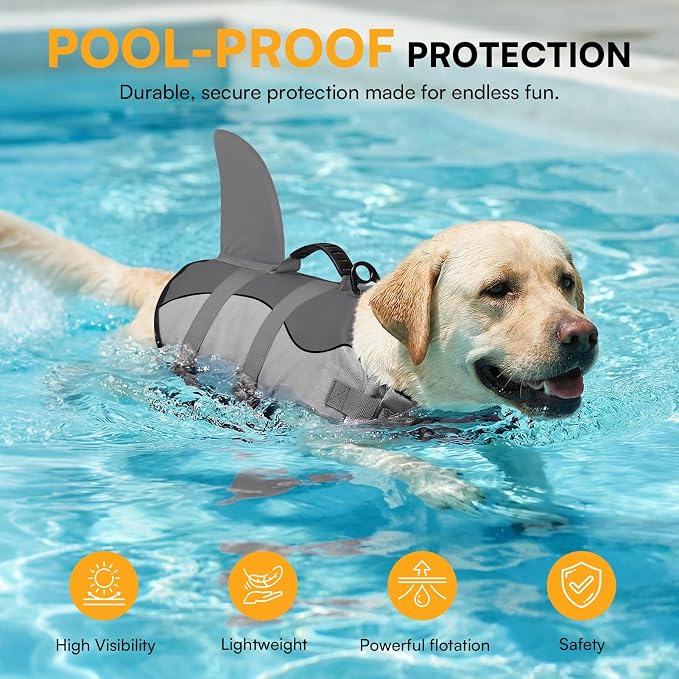 Dog Life Jacket Ripstop Dog Safety Vest Adjustable Preserver with High Buoyancy and Durable Rescue Handle for Small,Medium,Large Dogs, Grey Shark Medium