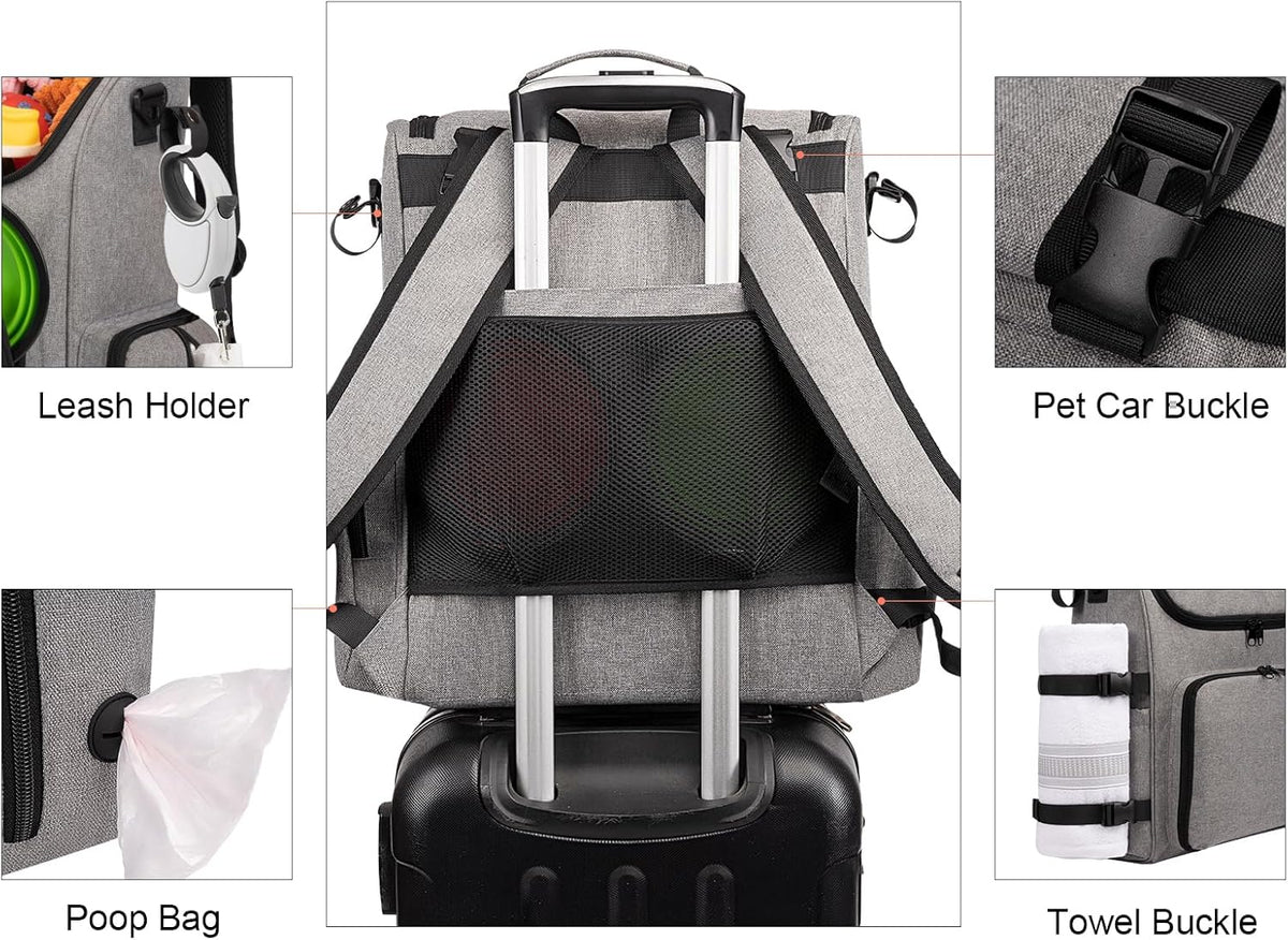 Modoker Dog Travel Bag Backpack, Airline Approved Pet Accessories Organizer for Dog and Cat with Shoulder Strap, 2 Dog Food Storage Containers, 2 Collapsible Dog Bowls,1 Pet Mat, Grey