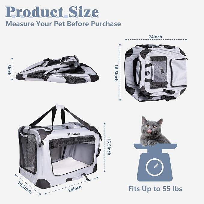 Large Cat Carrier, Foldable Car Travel Dog Crate-Small Dogs | 24" Fits 2 Cats or 1 Small Dog, up to 55 lbs, Soft mat, zipper lock prevents escapes, Foldable Car Travel Pet Crate