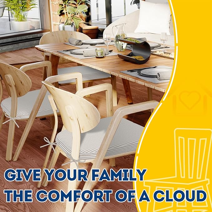 AAAAAcessories D-Shaped Chair Cushions, 2" Thick Dining Chair Pads with Ties and Removable, Machine-Washable Cover, 17" x 16", Set of 8, Natural Sand Pinstripe