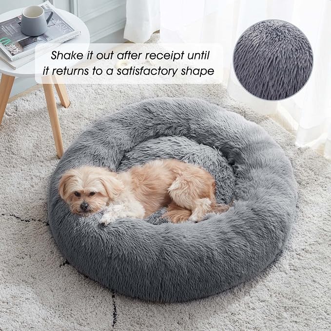 Western Home Calming Donut Small Dog Cat Bed Washable Puppy Bed,24" | Fluffy Faux Fur Round Cuddler,Anti-Anxiety,Anti-Slip Bottom,Pet Beds for Puppy&Small Dogs&Large Cat,Up to 25 LBS Navy Grey