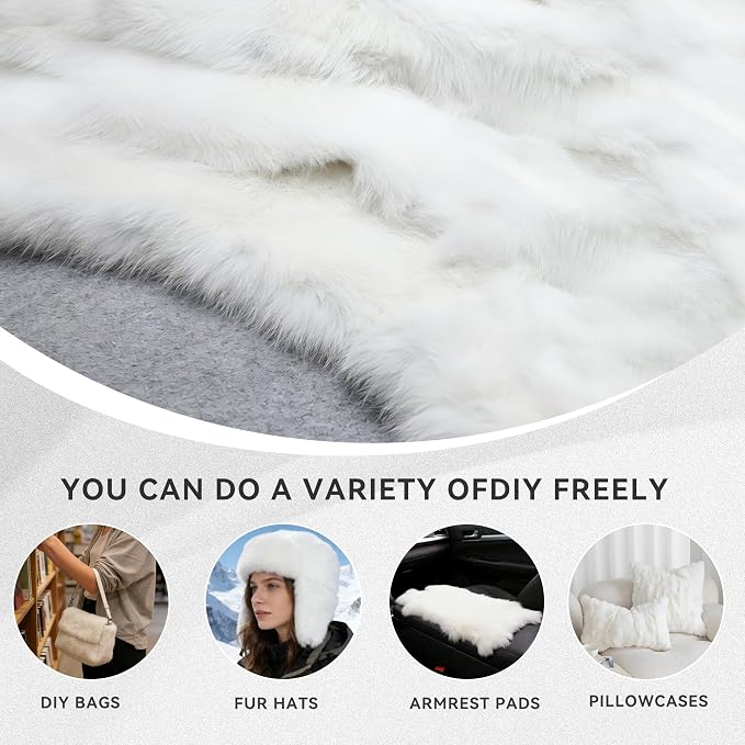 Craft Rabbit Fur Pelt Skin Genuine Tanned Animal Hide with Sewing Quality Leather 12" by 14" for Decoration DIY Crafts Cat Dog Toys Fur Fabric（5Pcs, White）