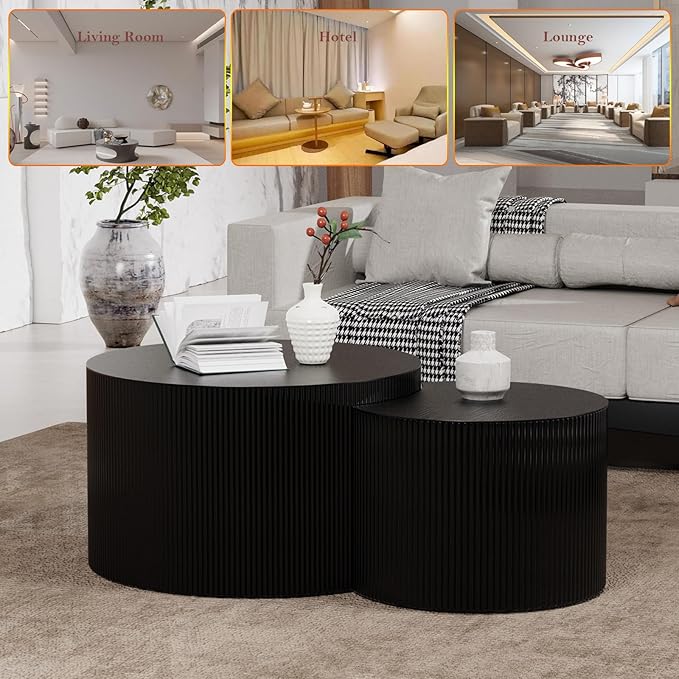 Nesting Coffee Table with Non-Slip Mat Vertical Stripe Design Round Fluted Side Table Set of 2 - No Assembly Required for Living Room Bedroom Balcony Yard (I-27.6+19.7in)